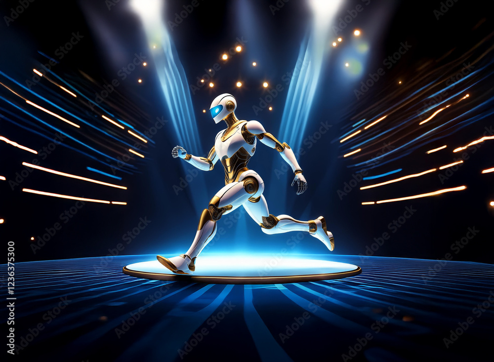 Poster A futuristic robot, gleaming white and gold, runs dynamically across a circular stage bathed in bright spotlights.  Its sleek design and powerful pose suggest speed and technological advancement.