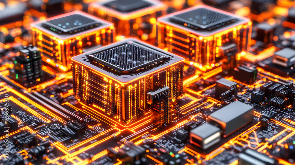 Poster exploring advanced technology microchip development in a high-tech laboratory environment