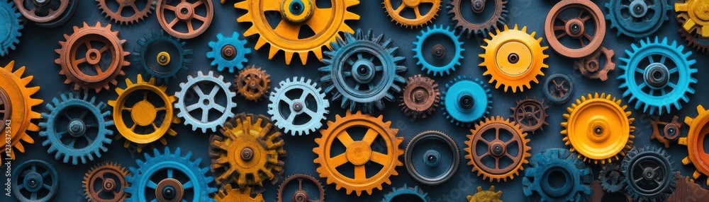 Poster Vibrant Wall of Interlocking Colorful Gears Creating a Dynamic and Playful Visual Display Evoking Creativity and Mechanical Innovation in Design