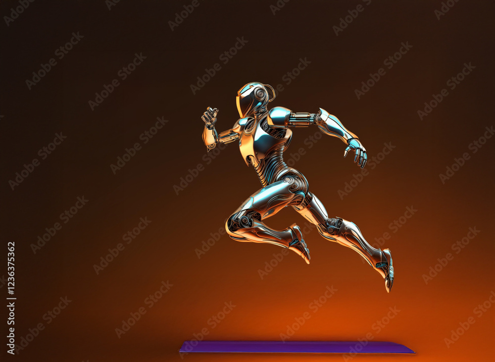 Poster a chrome android, sleek and powerful, is captured mid-stride in a dynamic running pose against a war