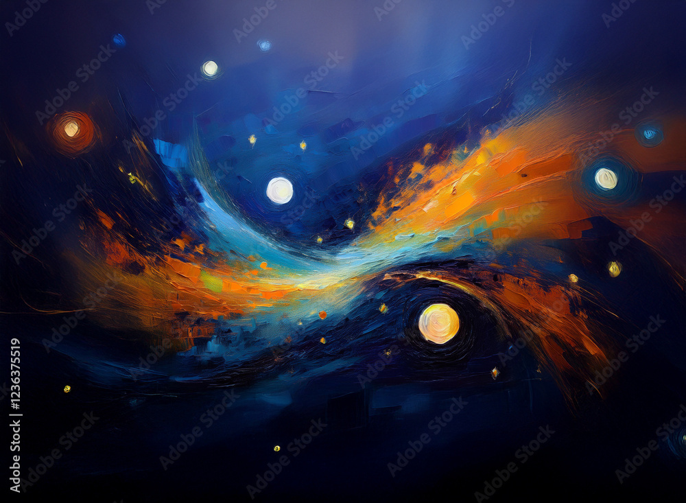 Poster abstract cosmic artwork. swirling nebulae in vibrant blues and oranges, interspersed with glowing or