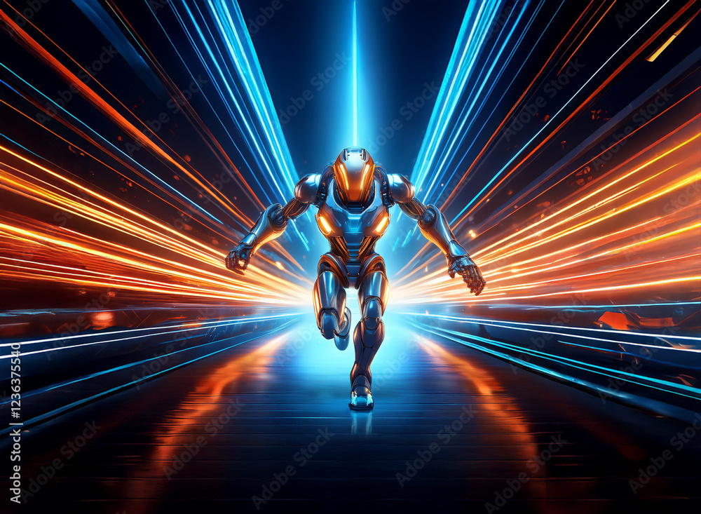 Aufkleber a futuristic armored figure runs towards the viewer down a neon-lit, energy-charged pathway. the sce