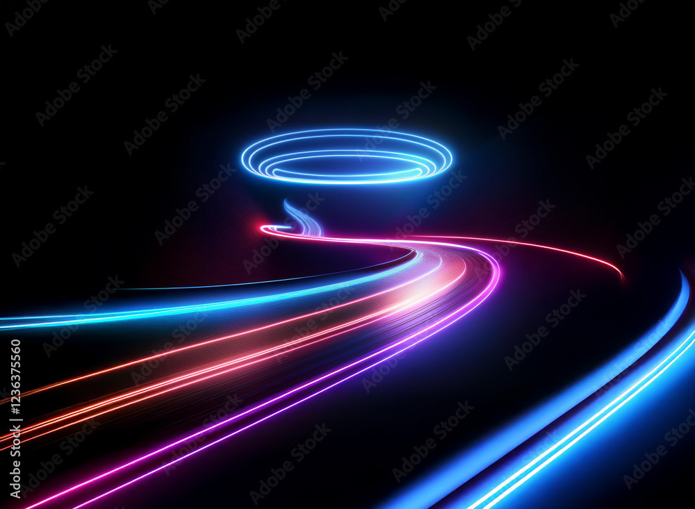 Poster abstract image of vibrant, glowing neon light trails forming a swirling, dynamic path leading to a l