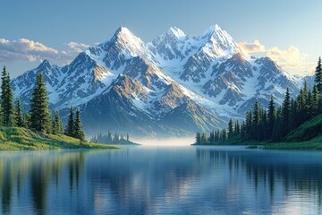 Majestic snow capped mountains reflected in a tranquil lake