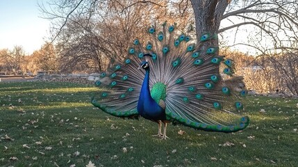 Obraz premium A vibrant peacock displaying its colorful feathers in full glory.