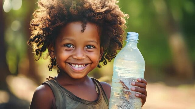 Smiling black child in African village with bottle of water. Water problems, global warming, drought, water shortage in the world, health problems, poverty and misery in countries. Climate change: fro