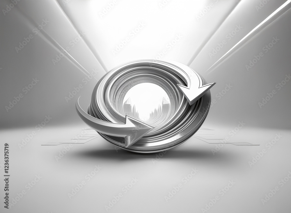 Poster a sleek, silver, circular sculpture with arrows suggesting continuous motion, sits in a bright, mini