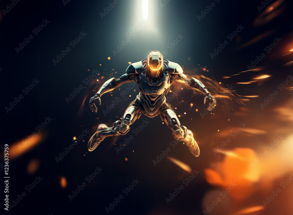 Poster A metallic android, seemingly airborne, descends amidst fiery embers and a spotlight.  Its pose suggests dynamic movement and power.