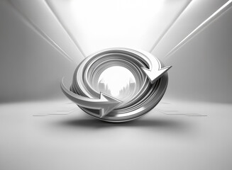 A sleek, silver, circular sculpture with arrows suggesting continuous motion, sits in a bright, minimalist setting.  The design evokes themes of infinity, progress, and cyclical processes.