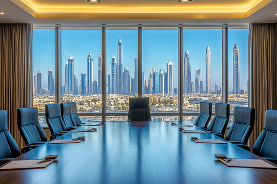 Modern corporate boardroom with panoramic city skyline view, professional business meeting space in high-rise office