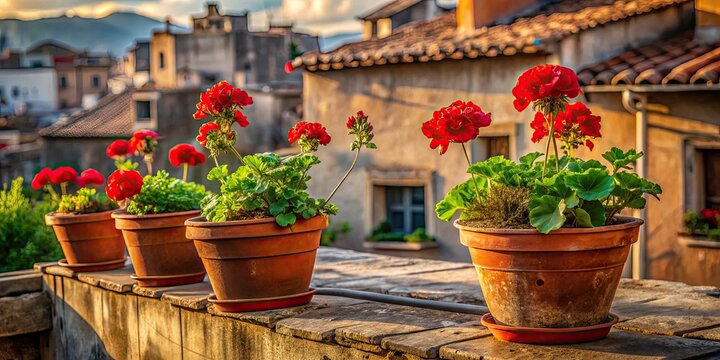 Red geraniums burst onto a rooftop, vibrant urban exploration photography.