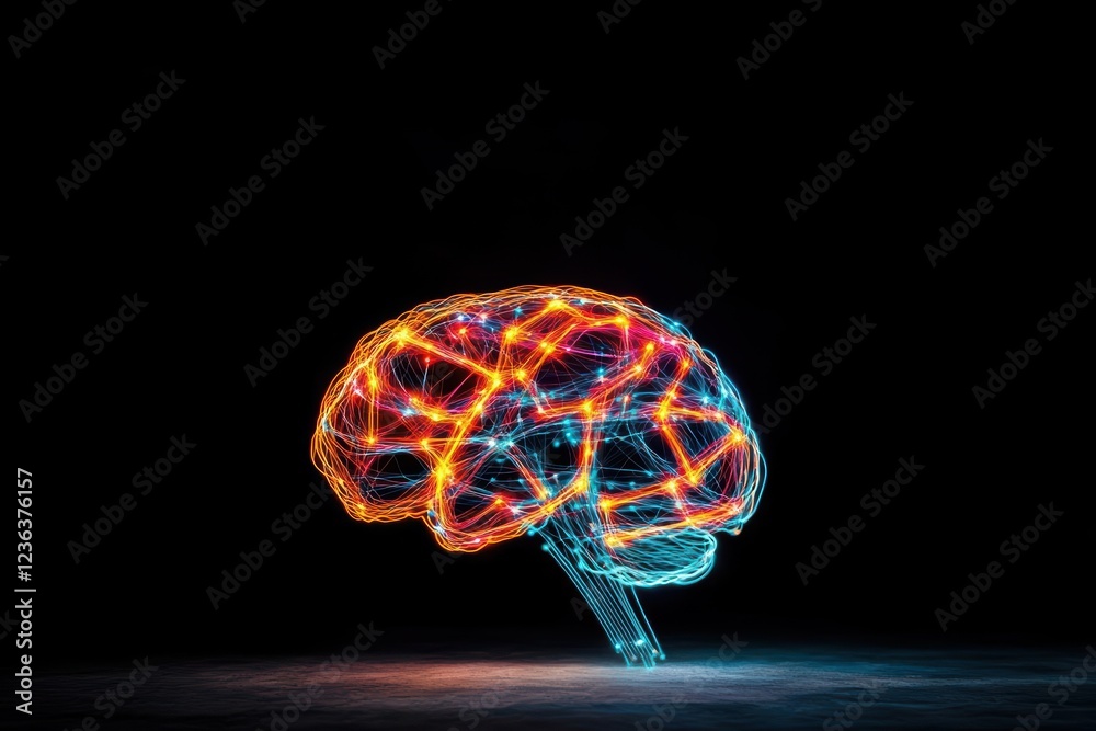 Fototapete Captivating Light Painting of a Human Brain Illuminating Creativity and Knowledge with Vibrant Colors and Intricate Patterns in a Dark Background