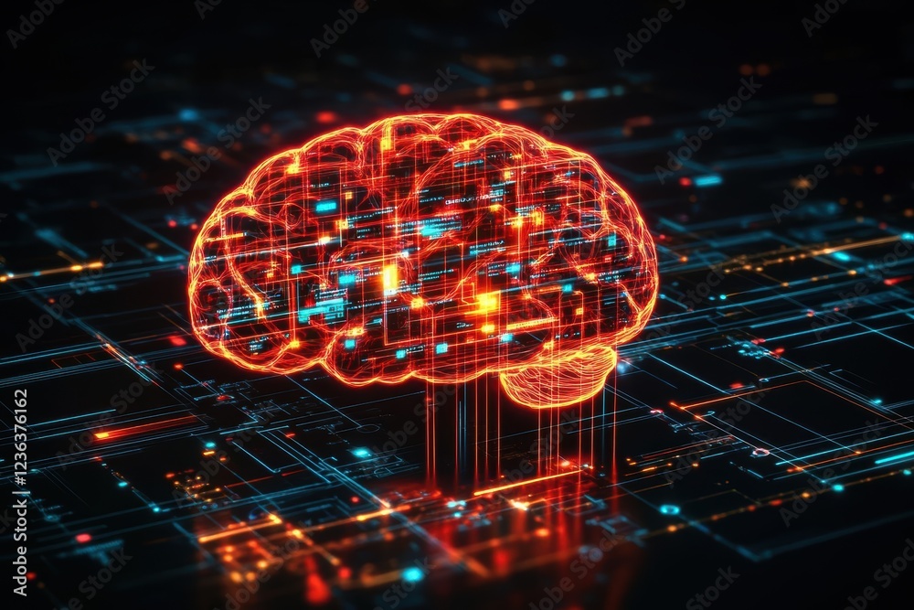 Poster A Futuristic Concept of a Brain Connected to Technology with Glowing Circuit Lines Symbolizing Intelligence Innovation and the Fusion of Mind and Machine