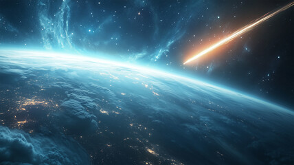 Obraz premium 地球の大気圏を駆け抜ける流れ星と光の軌跡