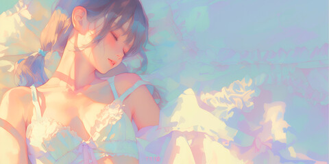 寝起きにリラックスしている女性。水彩画。イラスト。バナー素材。