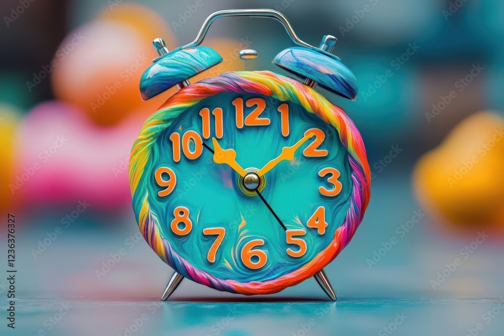 Poster vibrant and colorful clock displayed on a wooden table in a brightly lit room evoking a playful and 