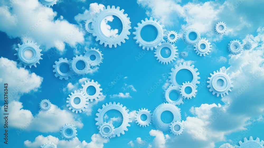Poster surreal composition of interlocking gears floating in a dreamlike sky with soft pastel hues evoking 