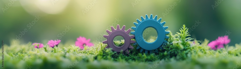 Poster intricate mechanism of two interlocking gears resting on vibrant green moss surrounded by nature evo
