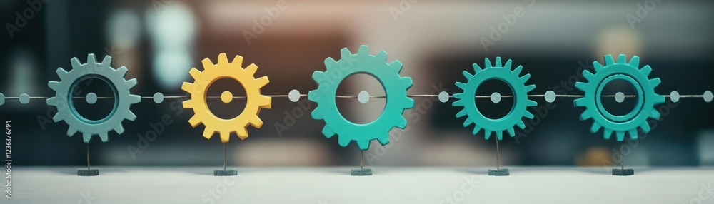 Poster Vibrant Array of Colorful Gears Arranged on a Wooden Table Showcasing Intricate Mechanisms and Vivid Hues Creating an Engaging Visual Display