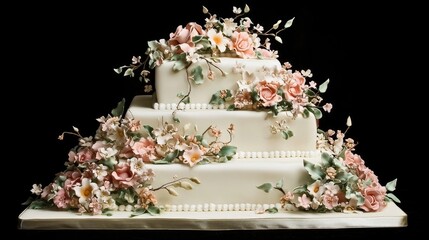 A wedding layer cake adorned with elegant white fondant and fresh floral decorations.