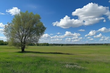 A green grassy meadow with a tree and a blue sky with clouds