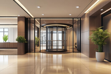 Fototapeta premium Luxury corporate building lobby with modern glass revolving door and elegant interior design