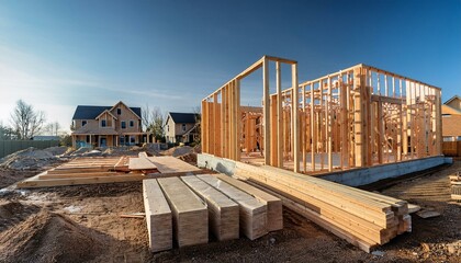 concrete foundation of homes and homes in different stages of being framed with different sizes of lumber building the frame of a wooden house