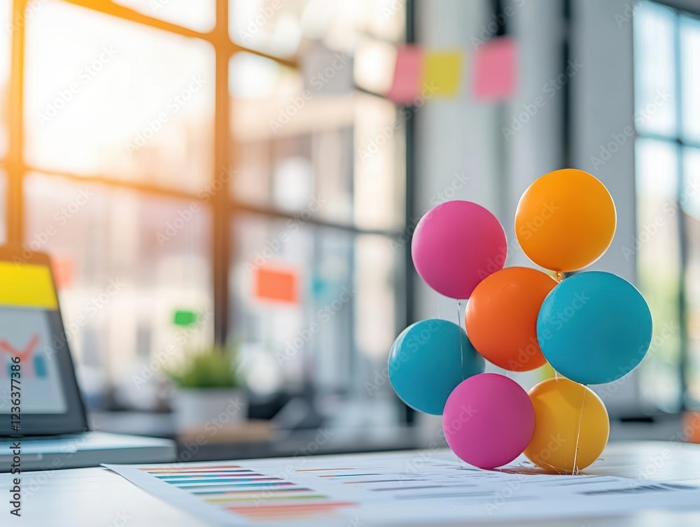 Poster colorful assortment of balloons displayed on a wooden table creating a festive and cheerful atmosphe