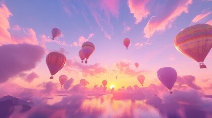 Fototapeta premium A vibrant hot air balloon festival with bright balloons decorating the pastel hues of a dreamy sunset sky