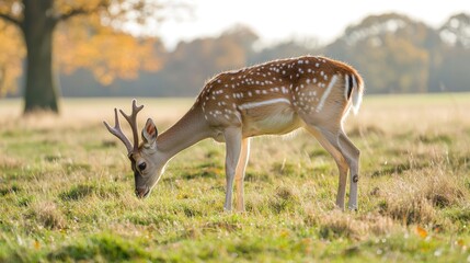 A wildlife encounter with a deer grazing in a national park meadow.