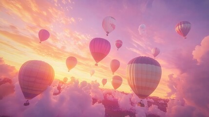 Fototapeta premium Colorful hot air balloons ascending into a pastel sky during a sunset festival, with glowing hues all around