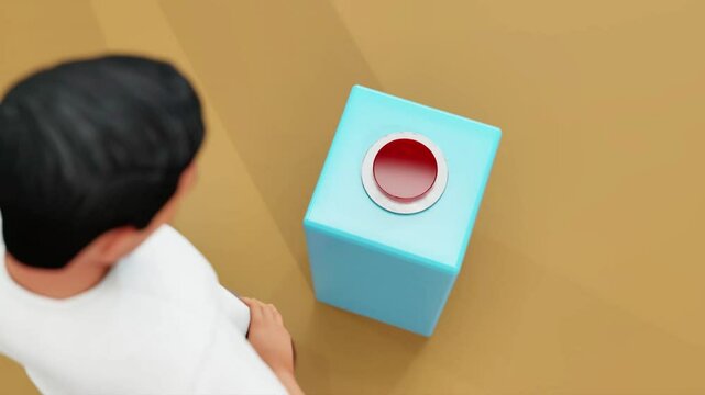3D animated character pressing a red button. Perfect for emergency, alert, activation, or control panel concepts. High-quality motion, ideal for technology, security, and interactive design content.