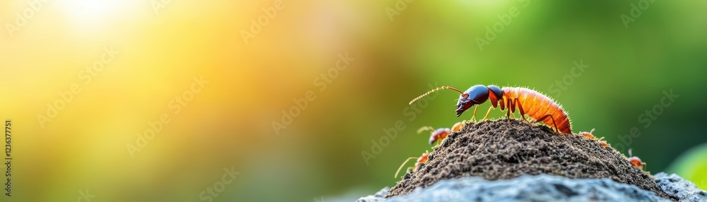 Poster close up of a small ant crawling on green leaf highlighting intricate details of its body and the vi