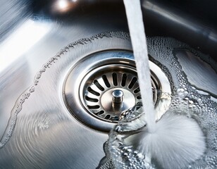 water and foam soap rushing down drain a stream of clean water flows into the stainless steel sink sink plug hole close up macro