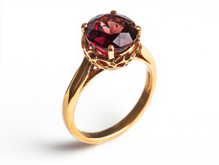 Elegant gold ring with red garnet gemstone, luxury jewelry, close-up of a beautiful engagement ring, classic fine accessory, romantic gift, precious metal and stone.  
