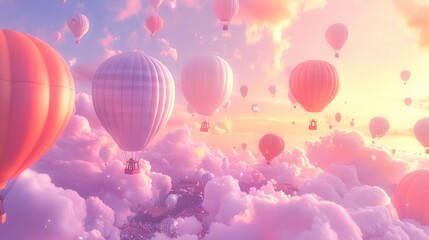 Fototapeta premium A festival filled with vibrant hot air balloons, rising gracefully into a pastel-toned sunset sky, creating a dreamy scene