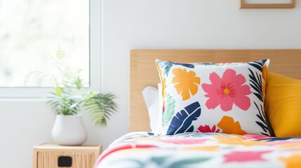 Cozy Bedroom Setting Featuring Vibrant Colorful Pillows on a Plush Bed Creating a Warm and Inviting Atmosphere for Relaxation and Comfort