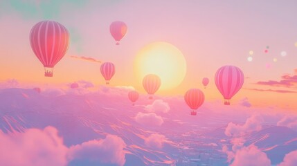 Obraz premium A magical hot air balloon festival scene with colorful balloons drifting into a pastel sunset horizon