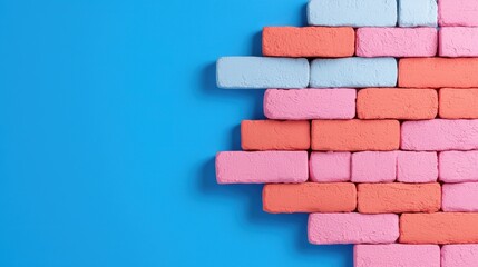 Obraz premium Pastel pink and blue brick wall on blue background; design element