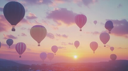 Obraz premium A scenic hot air balloon festival scene with colorful balloons decorating a pastel-toned sunset horizon