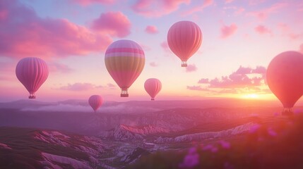 Fototapeta premium A serene hot air balloon festival scene with colorful balloons drifting upward into a tranquil pastel sunset