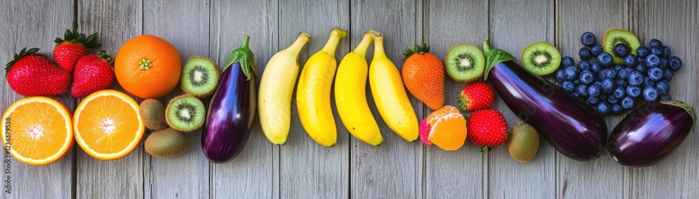 Poster Vibrant Display of Fresh Fruits and Colorful Vegetables Artfully Arranged in a Neat Row Showcasing Nature's Bounty and Healthy Eating Lifestyle