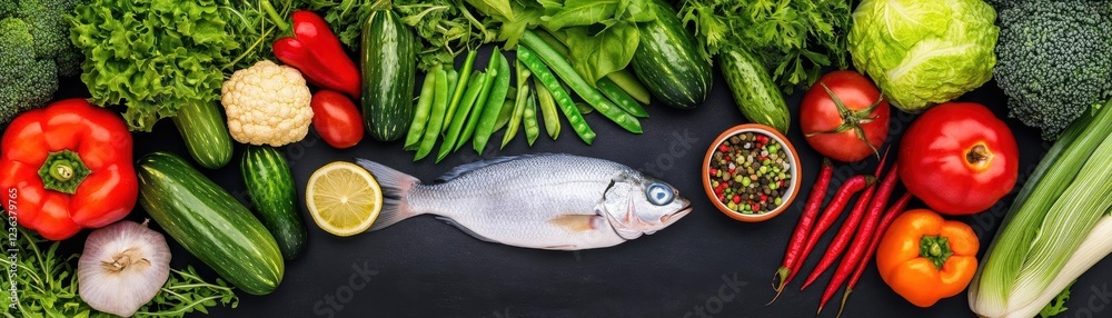 Poster Vibrant Display of Fresh Fish Surrounded by an Array of Colorful Vegetables Creating a Healthy and Inviting Culinary Presentation in Natural Light