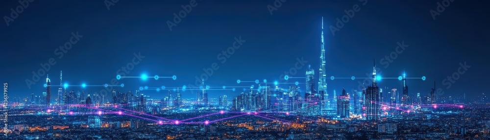 Poster vibrant cityscape at night illuminated by multicolored lights creating a dynamic urban atmosphere wi