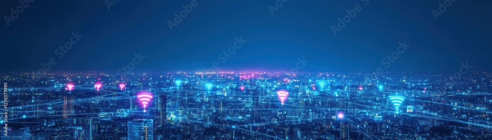 Poster Vibrant Cityscape at Night Illuminated by Bright Lights and Interconnected Lines Creating a Dynamic Urban Atmosphere Full of Energy and Life