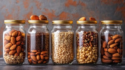 An assortment of nut butters in glass jars, each labeled with different types of nuts.