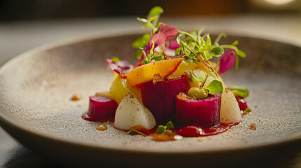 Broccoli and beetroot salad with apple cider vinegar dressing.