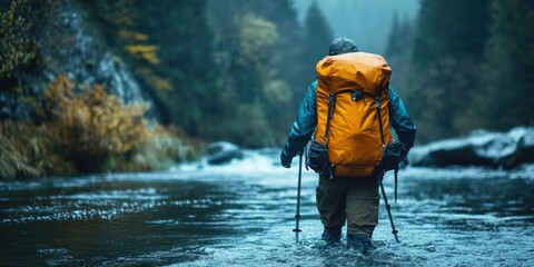 A hiker, equipped with a backpack and rain gear, struggles through flooded trail in a forest area.