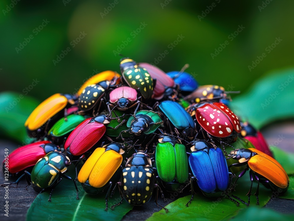 Aufkleber a vibrant collection of colorful beetles resting on a leaf surrounded by lush greenery in a natural 
