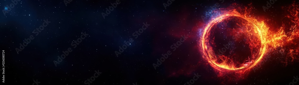 Poster Majestic Cosmic Display of a Fiery Surrounded by Colorful Nebula Clouds in Deep Space Evoking Awe and Wonder at the Beauty of the Universe
